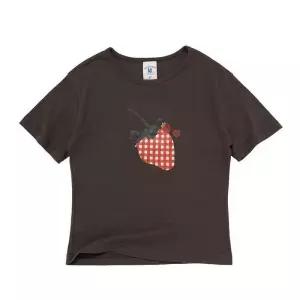 [로아드로아]피크닉 체크 스트로베리 크롭 반팔티 (브라운)
