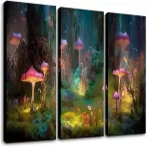 마법의 숲 캔버스 벽 아트 3피스 판타지 버섯 장식 자연 경관 식물 그림 액자 보육원 동화 테마 홈 침실