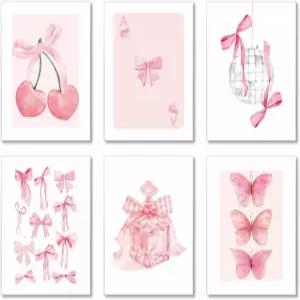 미니 핑크 보우 장식 8X10 6PCS 코켓 월 아트 트렌디 포스터 체리 페인팅 프레피 소녀 침실 기숙사 보육실