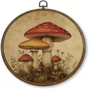 Qskjre 빈티지 버섯 벽 아트 데코 코티지코어 소박한 꽃 원형 나무 액자 캔버스 그림 거실 침실 장식용