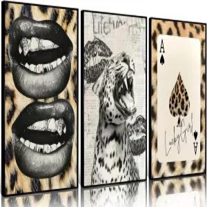 3PCS 트렌디 치타 포효 캔버스 월 아트 레오파드 럭키 걸 포커 립 페인팅 그림 데코 펑키 프레피 포스터