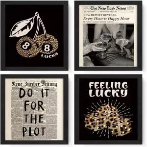 JXREQ 트렌디 레트로 Y2K 치타 블랙 럭키 8볼 체리 주사위 해피 아워 포스터 월 아트 프린트 세트 4 룸