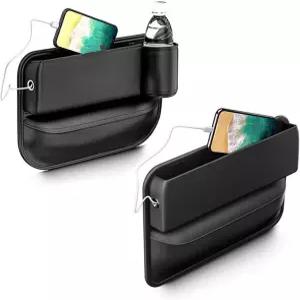 카시트 정리함 다기능 틈새 누수 방지 보관 가방 PU 가죽 슬롯 컵 홀더가 있는 차량 충전기2개