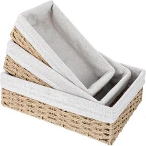 정리용 작은 위커 바구니 3팩 라이너 포함 종이 로프 보관 책상 핸드 타월 서랍 변기 탱크