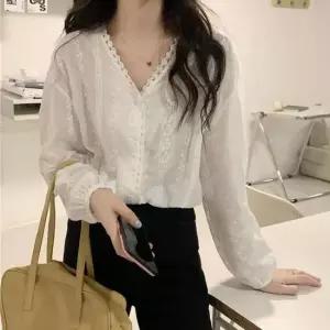 블라우스 브이넥 레이스 펀칭 블라우스