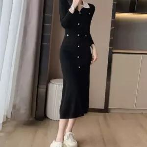 [페이릿]케츠 레이스 카라 버튼 니트 원피스