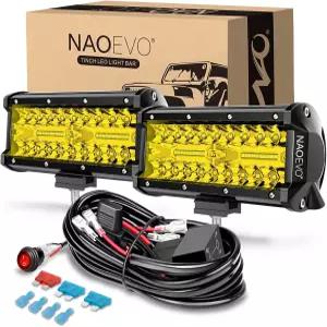 NAOEVO 7인치 노란색 LED 라이트 바 240W 24 000LM 오프로드 안개/주행등 포드 2개의 리드 배선 하네스
