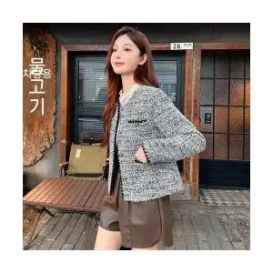 여사친 봄 그레이 하프 라운드 쇼트 톱 프렌치 트위드 코트 MF1