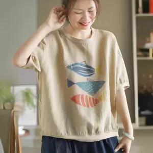 EAMT 여사친 프린트티 앤티크 패션 피쉬 프린트 모시 맨투맨 루즈 티셔츠 나사 날씬 YJ1