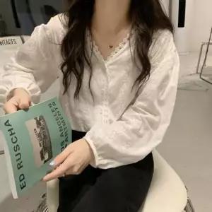 블라우스 브이넥 레이스 펀칭 블라우스