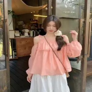 여자 데일리 끈나시 오프숄더 루즈핏 프릴 블라우스 트임블라우스