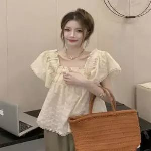 여자 여름 러블리 데이트룩 프릴 레이스펀칭 블라우스 레이스펀칭반팔