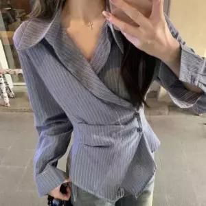세로 스트라이프 셔츠 랩디자인 허리절개 벌어짐X 랩셔츠