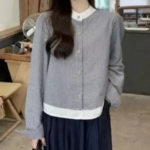 배색 카라리스 스트라이프 셔츠 블라우스 데일리 버튼 카라리스셔츠