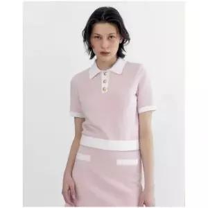 질스튜어트뉴욕 우먼 라이트 핑크 컬러 배색 골드 버튼 반팔 니트 JSSW4B900P1 916683