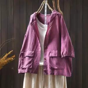 EAMT 여성용 캐주얼 여름 빅사이즈 후드 카디건 아우터 린넨 셔츠 양포켓 7부 YJ2