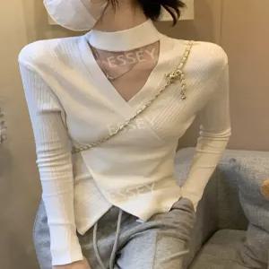 초커니트 화이트 트임 랩 핏예쁜 페미닌니트 슬림 프리사이즈 홀터넥 골지
