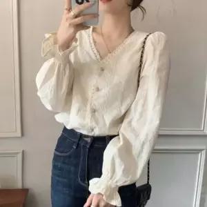여성 프릴 퍼프 레이스 긴팔 브이넥 블라우스 셔츠 여자데이트룩