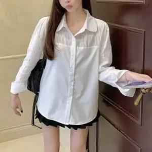 심플 셔츠 소매 세로 스트라이프 카라넥 화이트셔츠