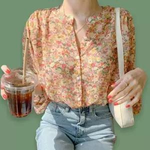 퍼프블라우스 퍼프블라우스 여성 플라워 오렌지 꽃 벌룬 소매 무늬