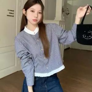 차이나셔츠 여성 스트라이프 프릴 배색 셔츠