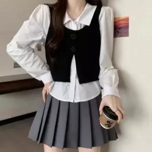 여성 뷔스티에 레이어드룩 러블리 셔츠 니트조끼세트 겨울티셔츠