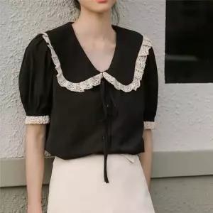 데일리블라우스 레이스 카라 리본 블라우스