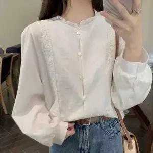 20대블라우스 세미크롭 화이트 블라우스 라운드넥 세로 플라워 자수