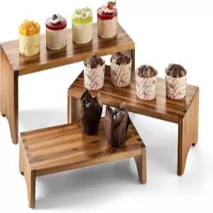 티디타 아카시아 우드 라이저 디스플레이 스탠드 3종 세트 나무 3단 컵케이크 공급업체용 계층형 음식