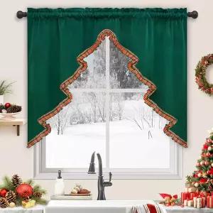 플레이드 헴 그린 벨벳 밸런스 막대 포켓 스웩이 있는 인화 크리스마스 트리 주방 커튼 카페 욕실용 창문 1