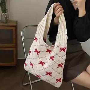 또밍 미니 체크 리본 꽈베기 니트 숄더백