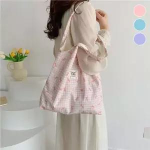 가벼운 패브릭 숄더백 귀여운 리본 체크무늬 에코백