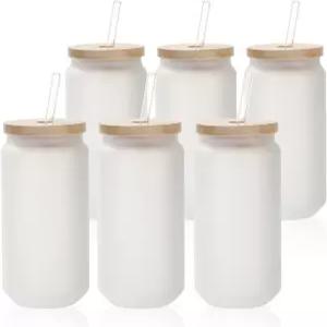 PYD 라이프 승화 유리 캔에 대나무 뚜껑과 투명 빨대 맥주 프로스팅 된 18 OZ 블랭크 스 커피 주스 탄산