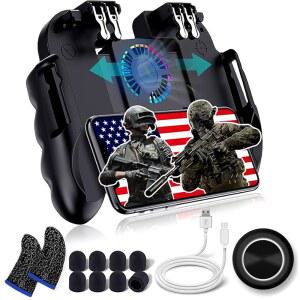 4 PUBG / 콜 오브 듀티 / 포트나이트용 냉각 팬 조절 스탠드가 있는 트리거 USB 모바일 게임 컨트롤러 [6 핑거 모드] GAMR+ L1R1 L2R2 게이밍 그립 게임패드