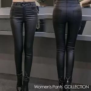 투버튼 여성 스키니 기모 가죽바지 인조가죽 레자팬츠 (HSJ-WB8B120)