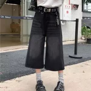 하이웨스트 와이드 데님 블랙 7부 기장 팬츠