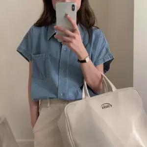 여름 반팔 청남방 여자 연청 루즈핏 캡소매 데님셔츠