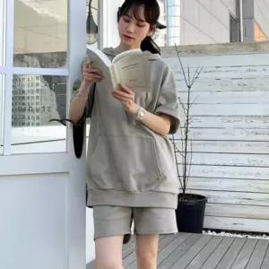여성 루즈핏 후드 포켓 반팔 반바지 숏팬츠 셋업 세트