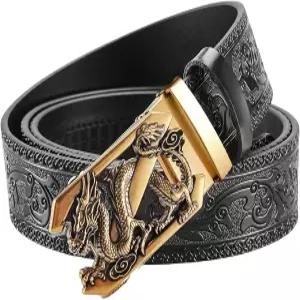 VJK 럭셔리 남성 벨트 각인 빈티지 드래곤 헤드 자동 버클 합금 가죽 허리 스트랩 슬라이드 더 쉽게 조절