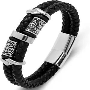 남성용 RGEMCY 더블 로우 땋은 가죽 손목밴드 스테인리스 스틸 구슬 레이어 코드 뱅글 바이킹 팔찌 선물