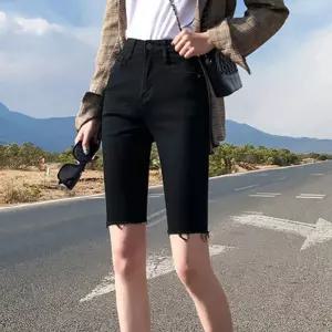 여성 디스트로이드 하이웨스트 흑청 스판 반바지 5부