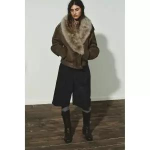 [국내배송] 자라 ZARA 100% 퍼 스웨이드 레더 재킷 - 카키 924735