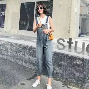 캐주얼 데님룩 여성 9부 롤업 팬츠 연청 멜빵 바지 (HSJ-WA3C50C)