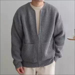 집업 남성 노카라 니트가디건 3컬러 루즈핏 아우터 라운드넥