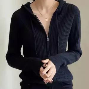 간절기 니트 후드 골지 여성 집업 슬림핏 아우터