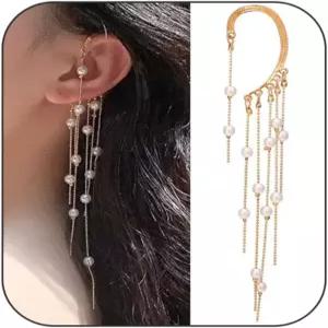 여성용 보헤미안 펄 태슬 이어 커프스 2Pcs 우아한 비침 없는 댕글 비즈 체인 클립온 귀걸이 빈티지 보호