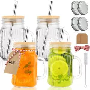 손잡이가 달린 매직스키 메이슨 병 컵 대나무 뚜껑과 빨대가 빈티지 16온스 유리 스 커피 스무디를 위한