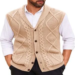 런카티 남성 케이블 니트 스웨터 조끼 숄 칼라 캐주얼 슬림 핏 민소매 버튼 다운 가디건 주머니 포함