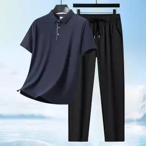 바지 캐주얼 하계 투피스 헴라인 반팔세트 반팔 세트 통기성 쿨링 셔츠 남자트레이닝복 원템2
