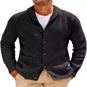 런카티 남성 숄 칼라 가디건 스웨터 케이블 니트 버튼 다운 겨울 청키 주머니 포함